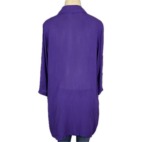 Roaman's 12W Purple Semi-Sheer Button Collar Roll-Tab 3/4 Sleeve Tunic Blouse - Picture 4 of 6
